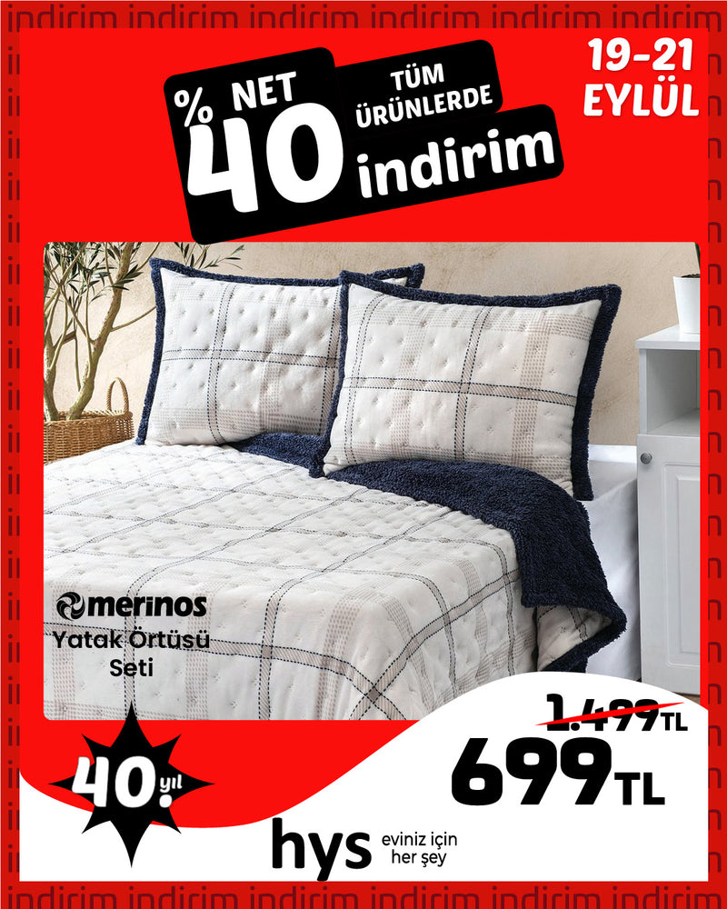 Merinos Yatak Örtüsü Seti (Lacivert-Beyaz-Bej Renkler)