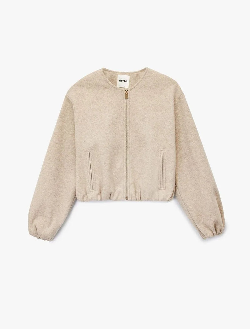 Koton Fermuarlı Bisiklet Yaka Uzun Kollu Crop Kaşe Kolej Bomber Ceket