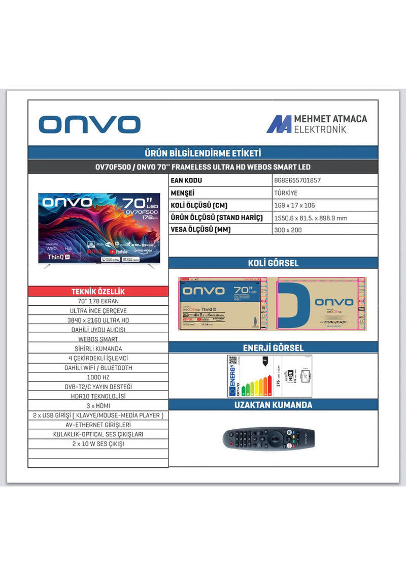 Onvo OV70F500 70" 4K Ultra HD Smart LED TV – Dev Ekranda Akıllı ve Gerçekçi Görüntüler